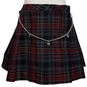 y2k Vintage Red Black Plaid Heart Chain Belt Pleated Wrap Mini Skirt 7